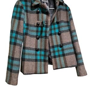 L.A.M.B. Teal and Brown Plaid Pea Coat